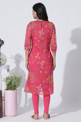 Women's Pink Floral Printed Thread Embroidered A-Line Chiffon Kurta With Cotton Lycra Tights