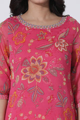 Women's Pink Floral Printed Thread Embroidered A-Line Chiffon Kurta With Cotton Lycra Tights