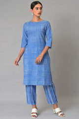 Women's Blue Geometric Polka Dot Printed Straight Cotton Kurta and Pants Co-ord Set