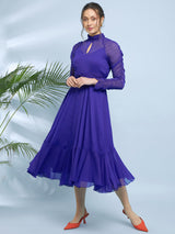 Women's Cobalt Blue Choker Neck Fit & Flare Midi Dress