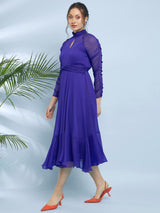 Women's Cobalt Blue Choker Neck Fit & Flare Midi Dress