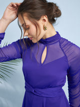 Women's Cobalt Blue Choker Neck Fit & Flare Midi Dress
