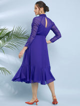 Women's Cobalt Blue Choker Neck Fit & Flare Midi Dress