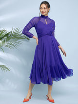 Women's Cobalt Blue Choker Neck Fit & Flare Midi Dress