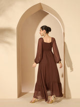 Women's Brown Embellished Ruffles Maxi Dress
