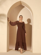 Women's Brown Embellished Ruffles Maxi Dress