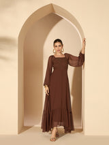 Women's Brown Embellished Ruffles Maxi Dress