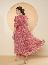 Women's Red Floral Print Puff Sleeve Chiffon Fit & Flare Embellished Maxi Dress