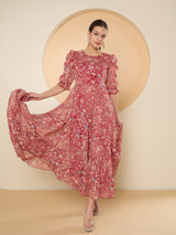 Women's Red Floral Print Puff Sleeve Chiffon Fit & Flare Embellished Maxi Dress