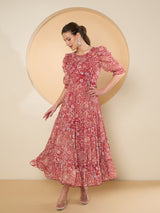 Women's Red Floral Print Puff Sleeve Chiffon Fit & Flare Embellished Maxi Dress