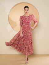 Women's Red Floral Print Puff Sleeve Chiffon Fit & Flare Embellished Maxi Dress