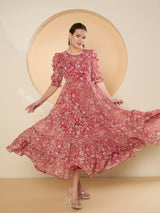 Women's Red Floral Print Puff Sleeve Chiffon Fit & Flare Embellished Maxi Dress