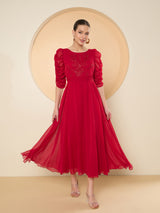 Women's Red Puff Sleeve Chiffon Maxi Dress