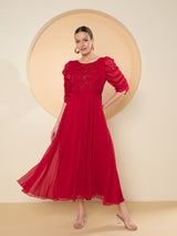 Women's Red Puff Sleeve Chiffon Maxi Dress