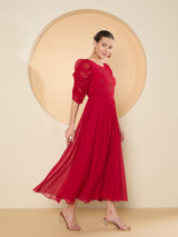 Women's Red Puff Sleeve Chiffon Maxi Dress