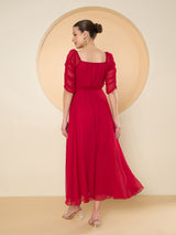 Women's Red Chiffon Embellished Maxi Dress