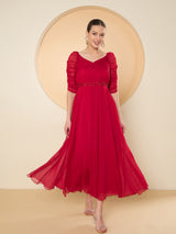Women's Red Chiffon Embellished Maxi Dress