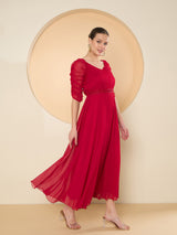 Women's Red Chiffon Embellished Maxi Dress