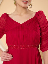 Women's Red Chiffon Embellished Maxi Dress