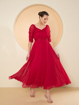 Women's Red Chiffon Embellished Maxi Dress