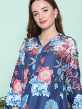 Women's Blue Ethnic Three Quarter Sleeves Kurta Set
