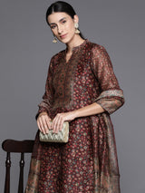 Women's Brown Printed Straight Kurta Paired With Solid Bottom And Printed Dupatta