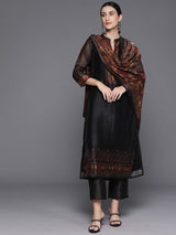 Women's Black Printed Straight Kurta Paired With Solid Bottom And Printed Dupatta