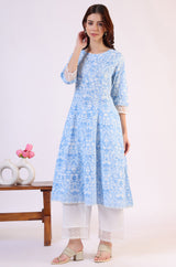 Women's Light Blue Floral Printed Lace Trim Flared Cotton Kurta With Trouser And Dupatta