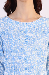 Women's Light Blue Floral Printed Lace Trim Flared Cotton Kurta With Trouser And Dupatta