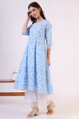 Women's Light Blue Floral Printed Lace Trim Flared Cotton Kurta With Trouser And Dupatta