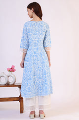 Women's Light Blue Floral Printed Lace Trim Flared Cotton Kurta With Trouser And Dupatta