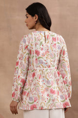 Women's Ecru Floral Printed Lace Trim Flared Cotton Top And Parallel Pant Set