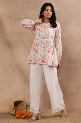 Women's Ecru Floral Printed Lace Trim Flared Cotton Top And Parallel Pant Set