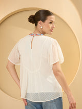 Women's White White Self Design A-Line Top