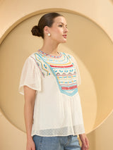 Women's White White Self Design A-Line Top