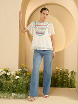 Women's White White Self Design A-Line Top