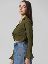 Women's Green Woven Casual Solid Cropped Full Sleeves Shirt