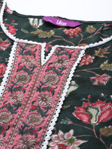 Women Black Festive Printed  Three-Quarter Sleeves Kurta