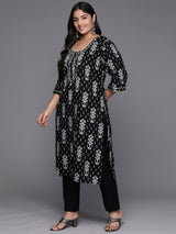 Women Black Daily Printed Three-Quarter Sleeves Kurta