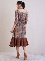 Women's Brown Ethnic Motifs Printed Chiffon Fit & Flare Midi Dress