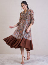 Women's Brown Ethnic Motifs Printed Chiffon Fit & Flare Midi Dress