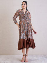 Women's Brown Ethnic Motifs Printed Chiffon Fit & Flare Midi Dress