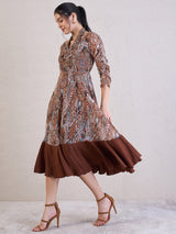 Women's Brown Ethnic Motifs Printed Chiffon Fit & Flare Midi Dress