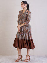 Women's Brown Ethnic Motifs Printed Chiffon Fit & Flare Midi Dress
