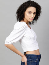 Women's White Puff Sleeves Blouson Top