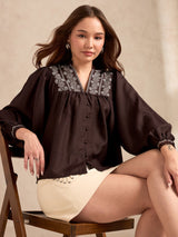 Women's Brown Casual Geometric Full Sleeves Top