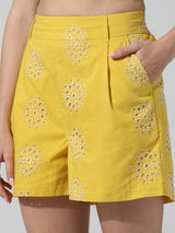 Women's Yellow Woven Casual Above Knee Shorts