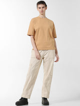 Women's Beige Knitted Casual Solid Regular Fit Half Sleeves Tshirt