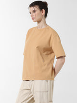 Women's Beige Knitted Casual Solid Regular Fit Half Sleeves Tshirt