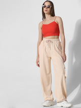 Women's Beige Knitted Casual Solid Regular Fit Pant